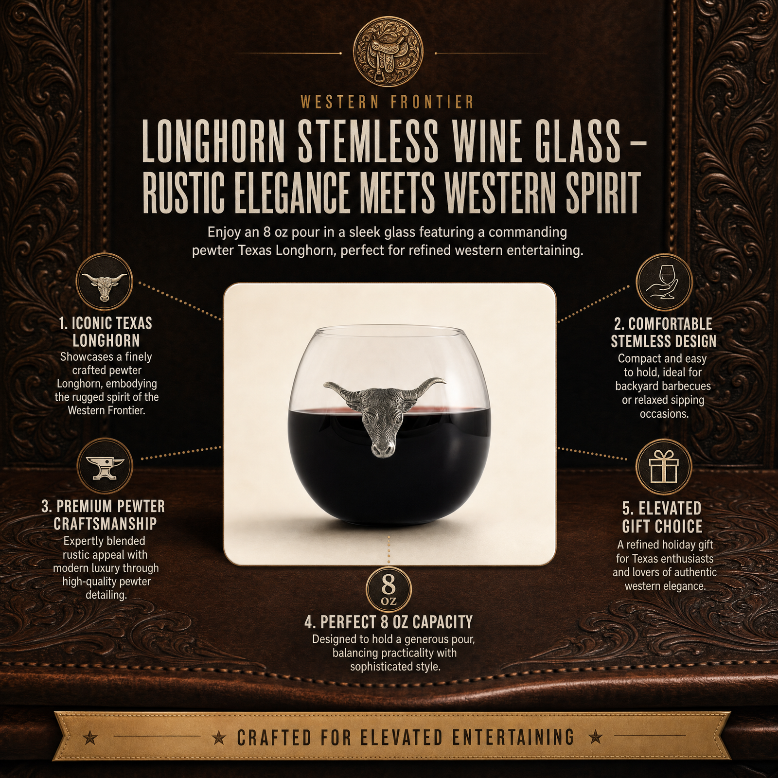 Longhorn Stemless Wine Glass – Rustic Elegance Meets Western Spirit