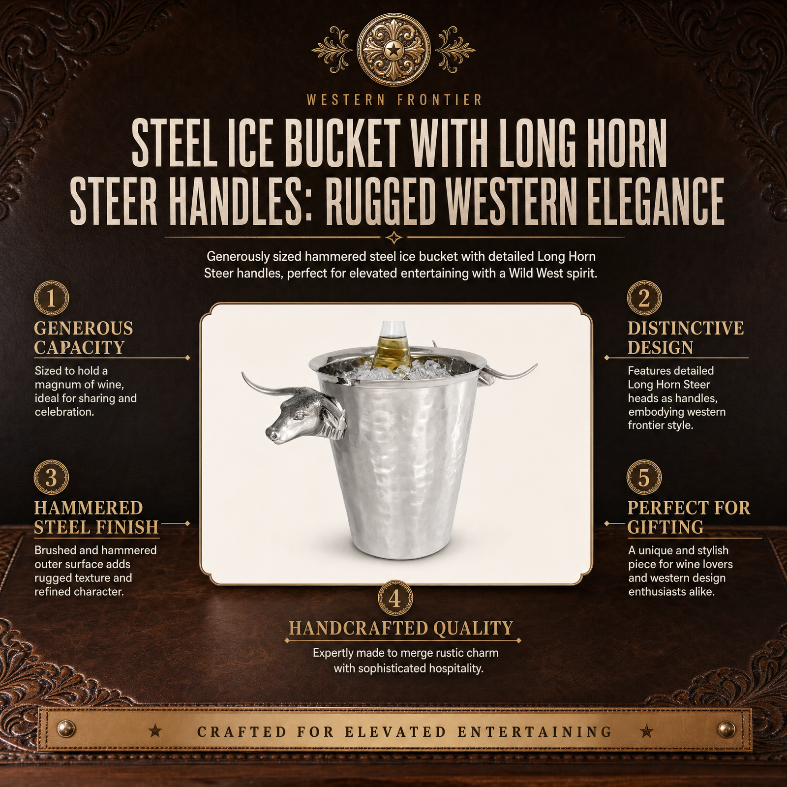 Steel Ice Bucket with Long Horn Steer Handles 11