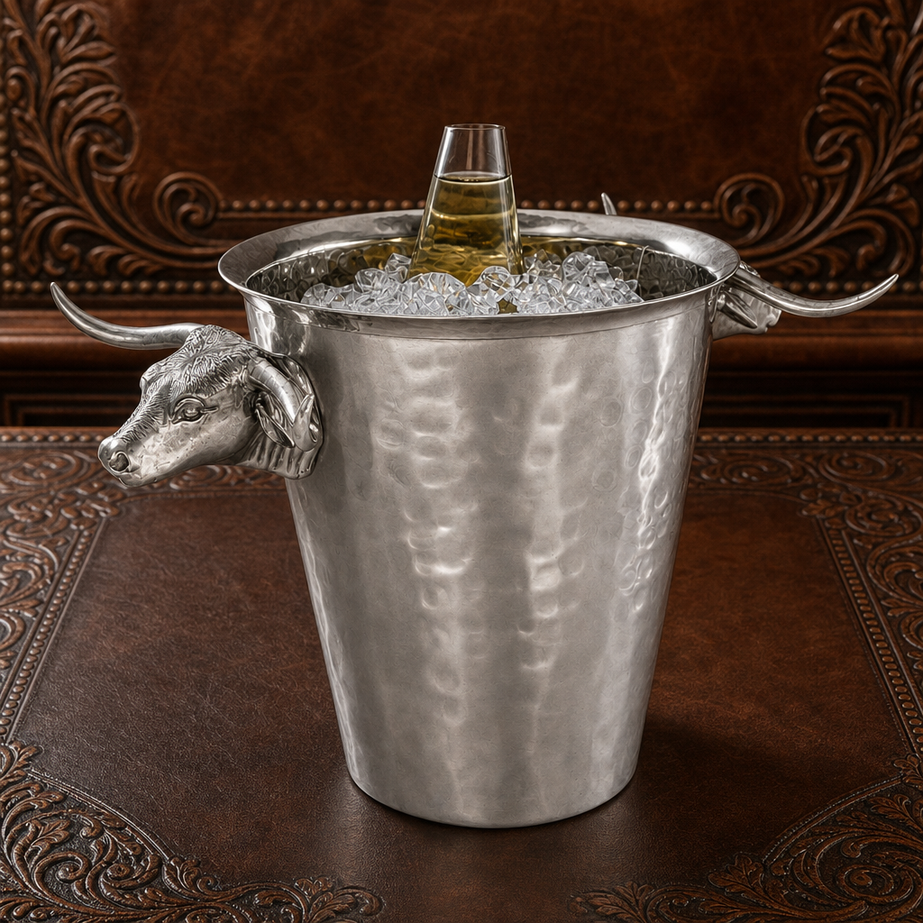 Steel Ice Bucket with Long Horn Steer Handles 1
