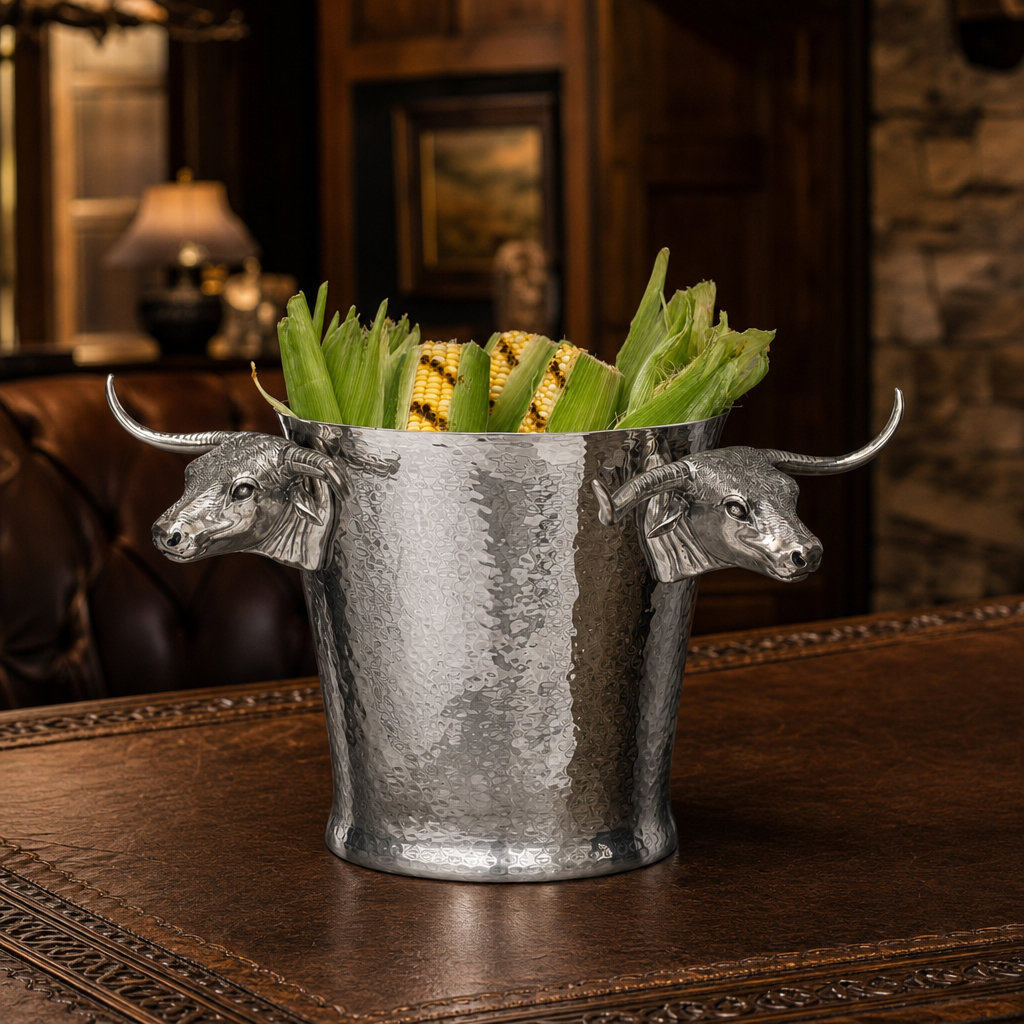 Steel Ice Bucket with Long Horn Steer Handles 8