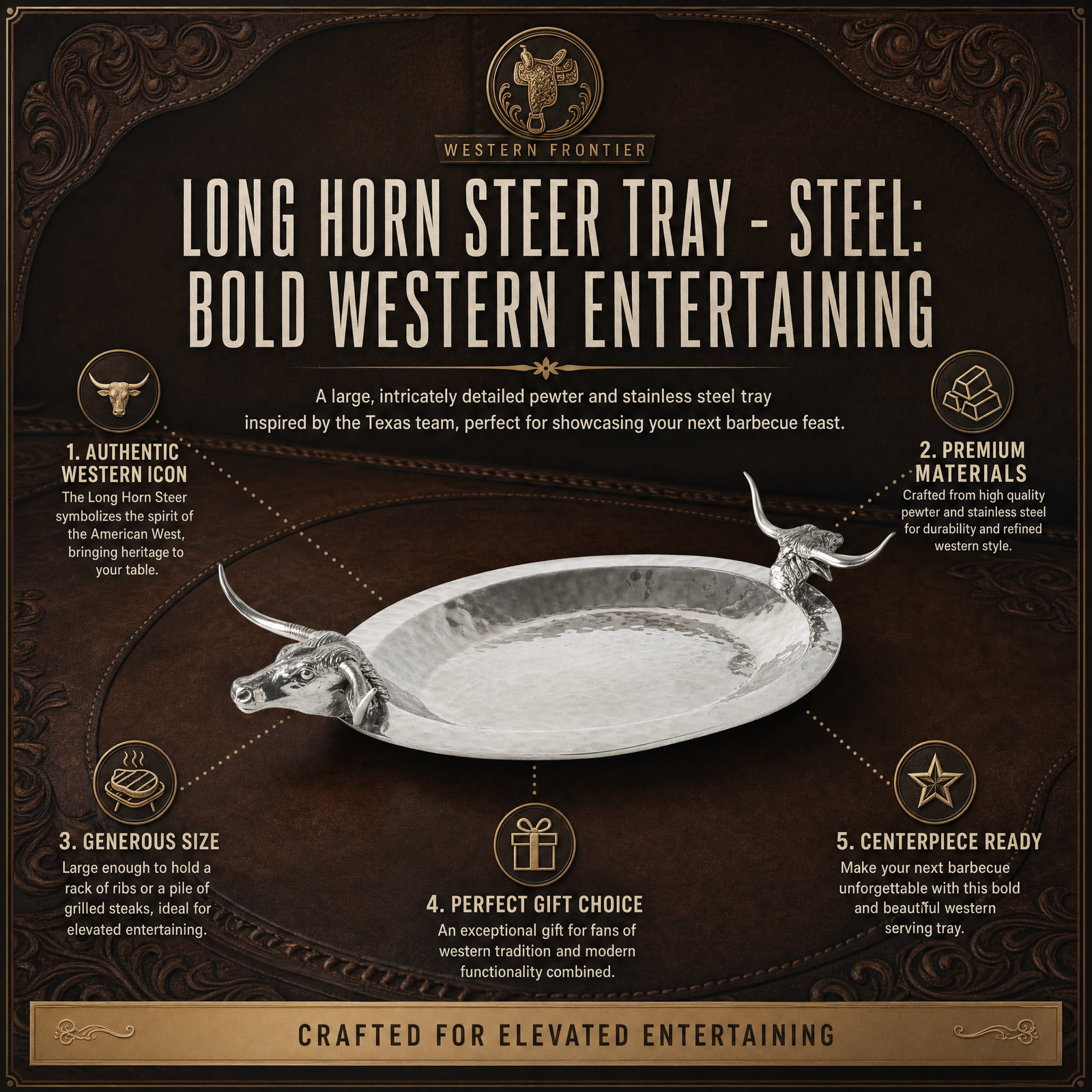 Long Horn Steer Tray - Steel: Bold Western Entertaining