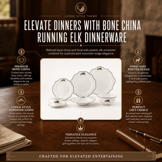 Bone China Running Elk Dinnerware - 5 PIECE PLACESETTING -  dinner plate, salad/dessert plate, bread plate, and a cup and saucer / White with pewter/silver decoration