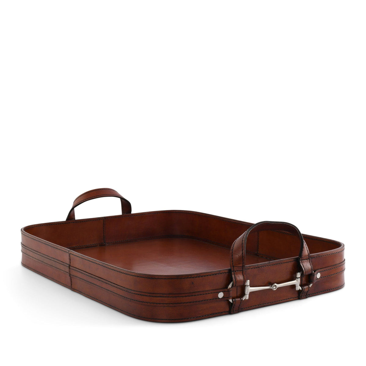 Elegant brown leather tray with handles, perfect for serving or decorative display.