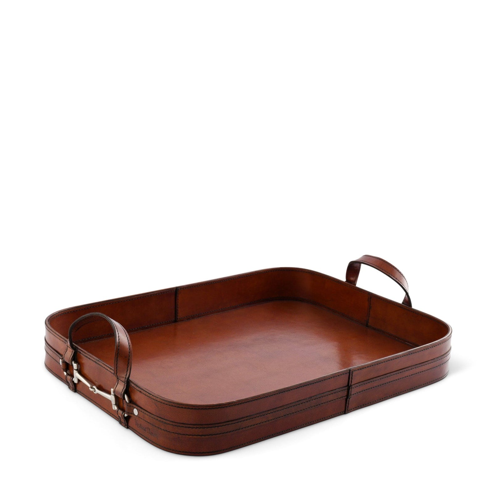 Vagabond House elegant brown leather serving tray with handles for stylish dining and decor.