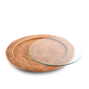 Vagabond House Replacement Round Serving Tray Hand Woven Wicker Rattan - Glass Insert
