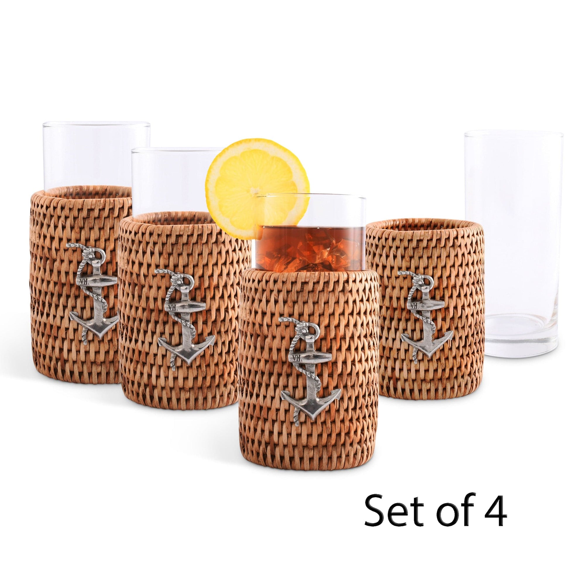 Vagabond House Sea and Shore Anchor Drinking Glass Covered with Hand Woven Wicker Rattan - Set of 4
