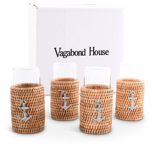 Vagabond House Sea and Shore Anchor Drinking Glass Covered with Hand Woven Wicker Rattan - Set of 4