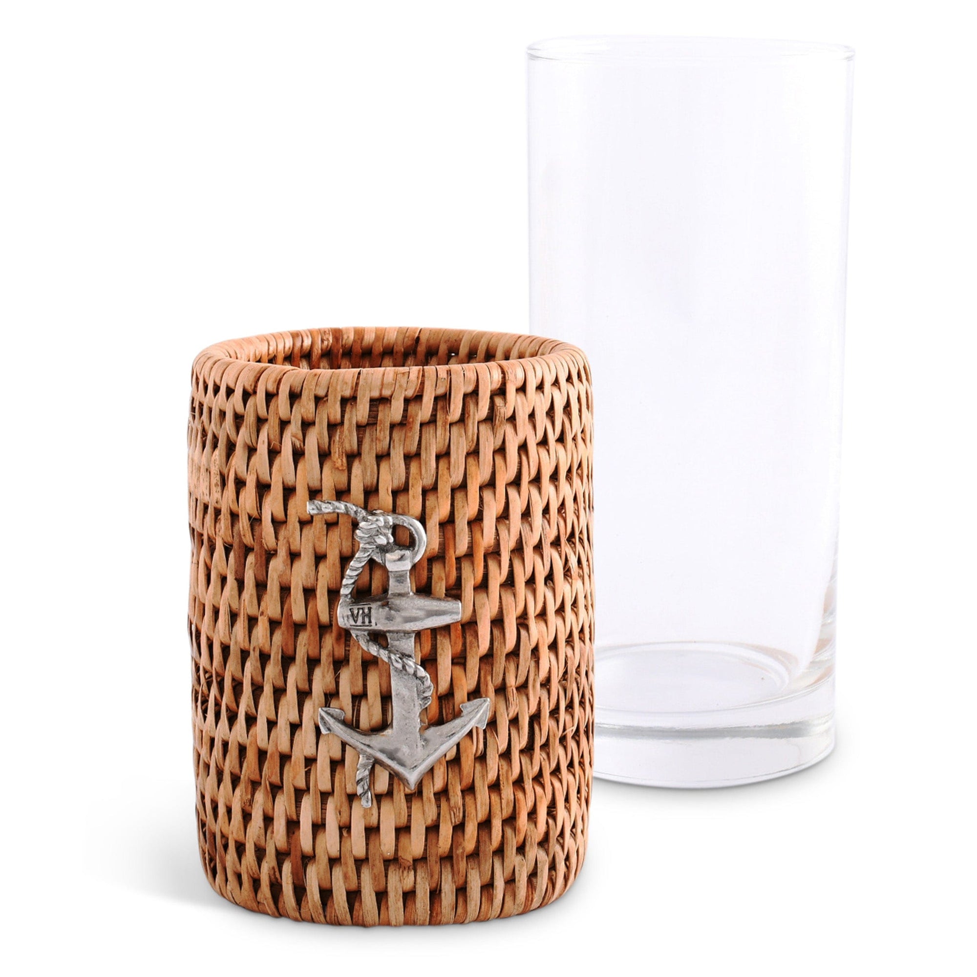 Vagabond House Sea and Shore Anchor Drinking Glass Covered with Hand Woven Wicker Rattan - Set of 4