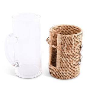 Vagabond House Sea and Shore Anchor Glass Pitcher Hand Woven Wicker Natural Rattan Cover