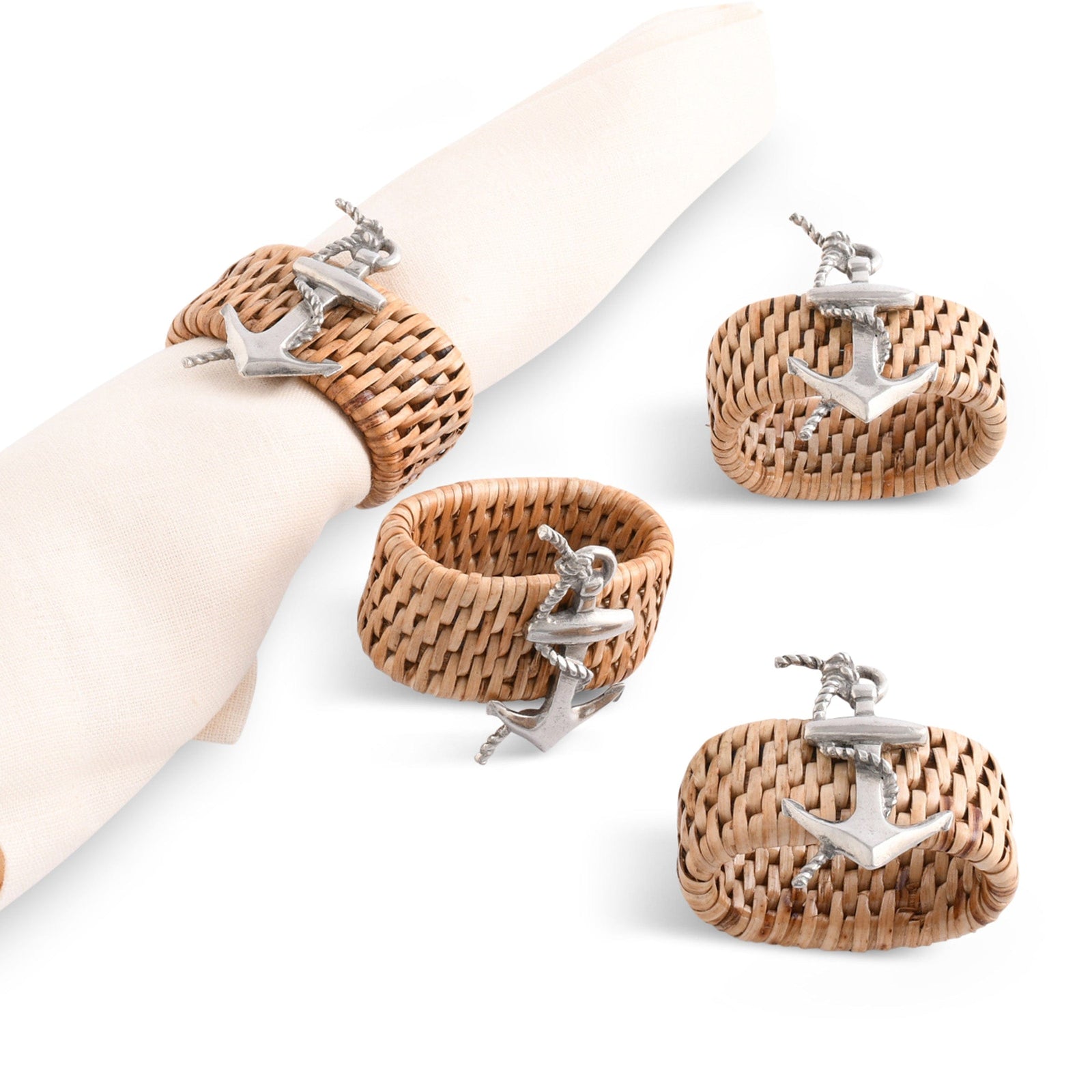 Vagabond House Sea and Shore Anchor Hand Woven Wicker Rattan Napkin Ring - Set of 4