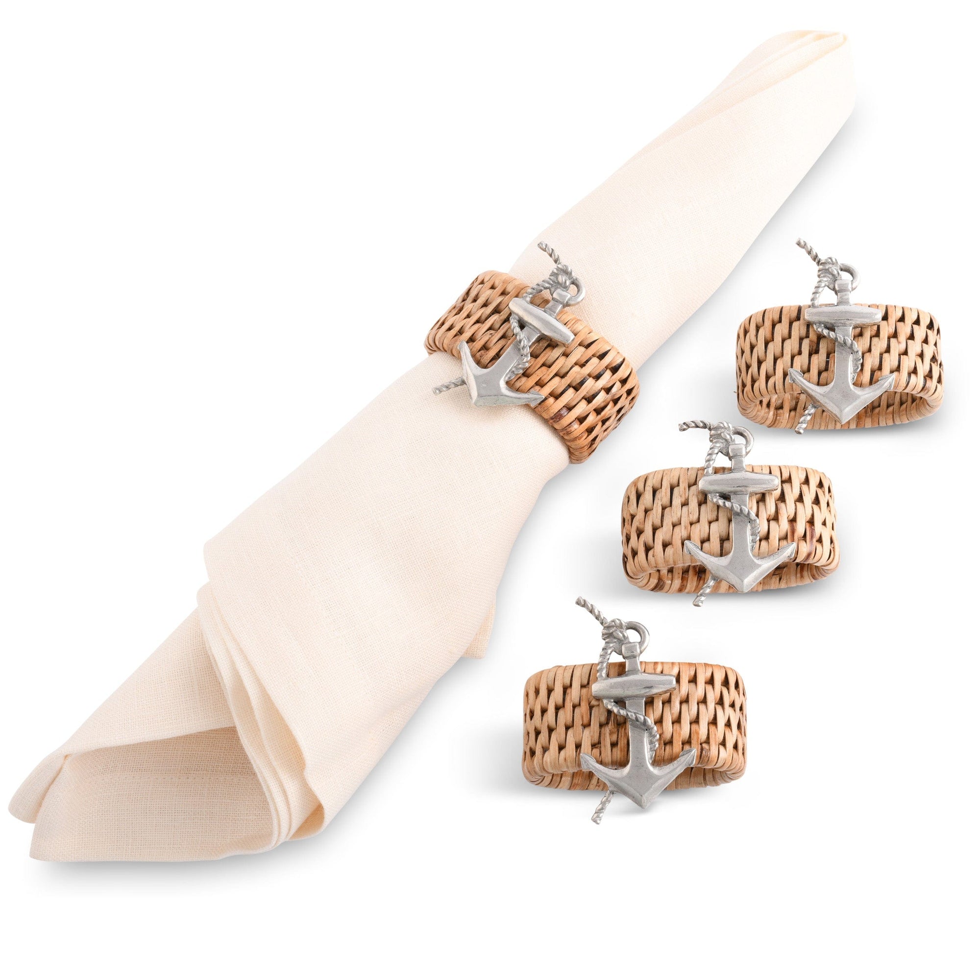Vagabond House Sea and Shore Anchor Hand Woven Wicker Rattan Napkin Ring - Set of 4