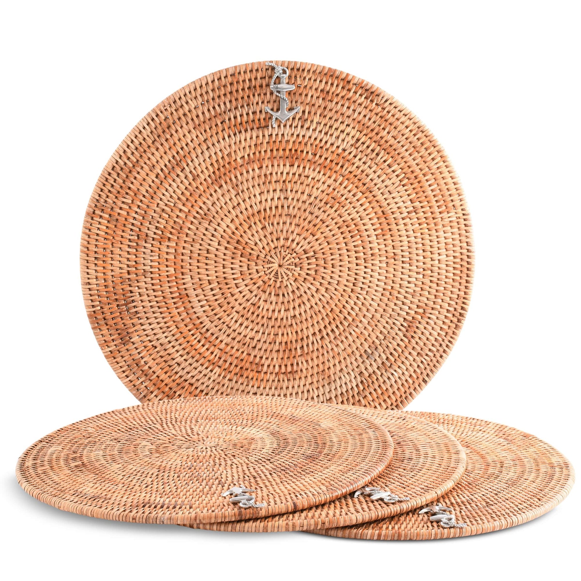 Vagabond House Sea and Shore Anchor Placemat Hand Woven Wicker Rattan Round - Set of 4
