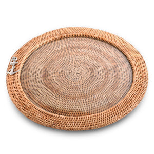 Vagabond House Sea and Shore Anchor Round Serving Tray Hand Woven Wicker Rattan - Glass Insert