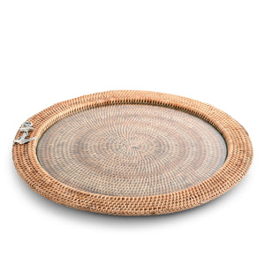 Vagabond House Sea and Shore Anchor Round Serving Tray Hand Woven Wicker Rattan - Glass Insert