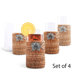 Vagabond House Tropical Tales Orchid Drinking Glass Covered with Hand Woven Wicker Rattan - Set of 4