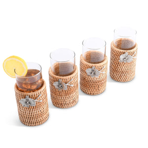 Vagabond House Tropical Tales Orchid Drinking Glass Covered with Hand Woven Wicker Rattan - Set of 4