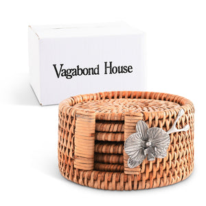 Vagabond House Tropical Tales Orchid Hand Woven Wicker Rattan Coaster Set - 6 Coasters