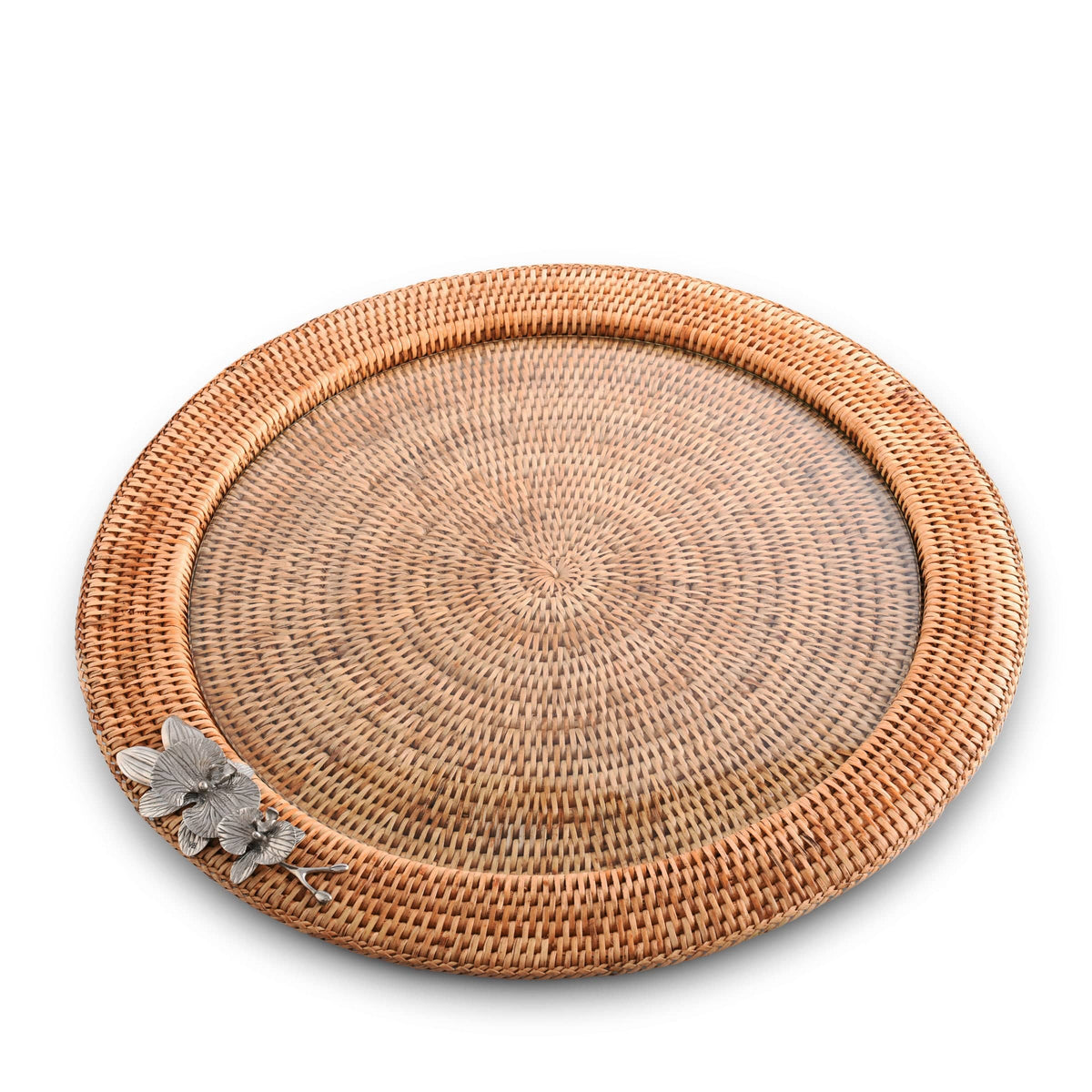 Vagabond House Tropical Tales Orchid Round Serving Tray Hand Woven Wicker Rattan - Glass Insert