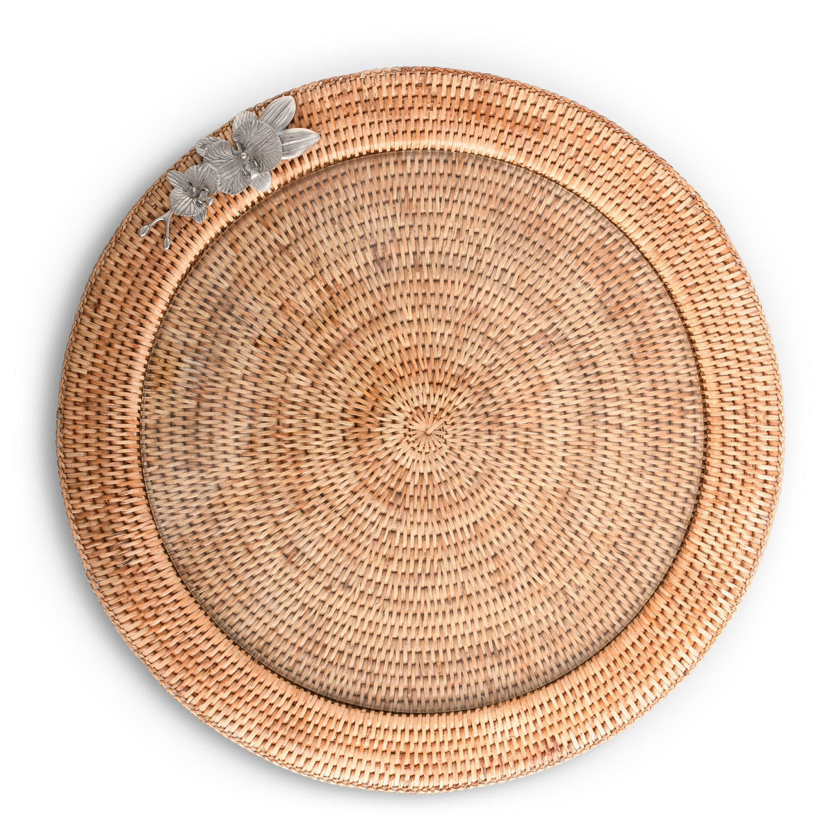 Vagabond House Tropical Tales Orchid Round Serving Tray Hand Woven Wicker Rattan - Glass Insert