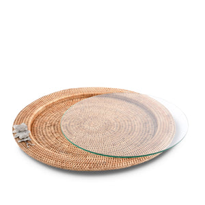 Vagabond House Tropical Tales Orchid Round Serving Tray Hand Woven Wicker Rattan - Glass Insert