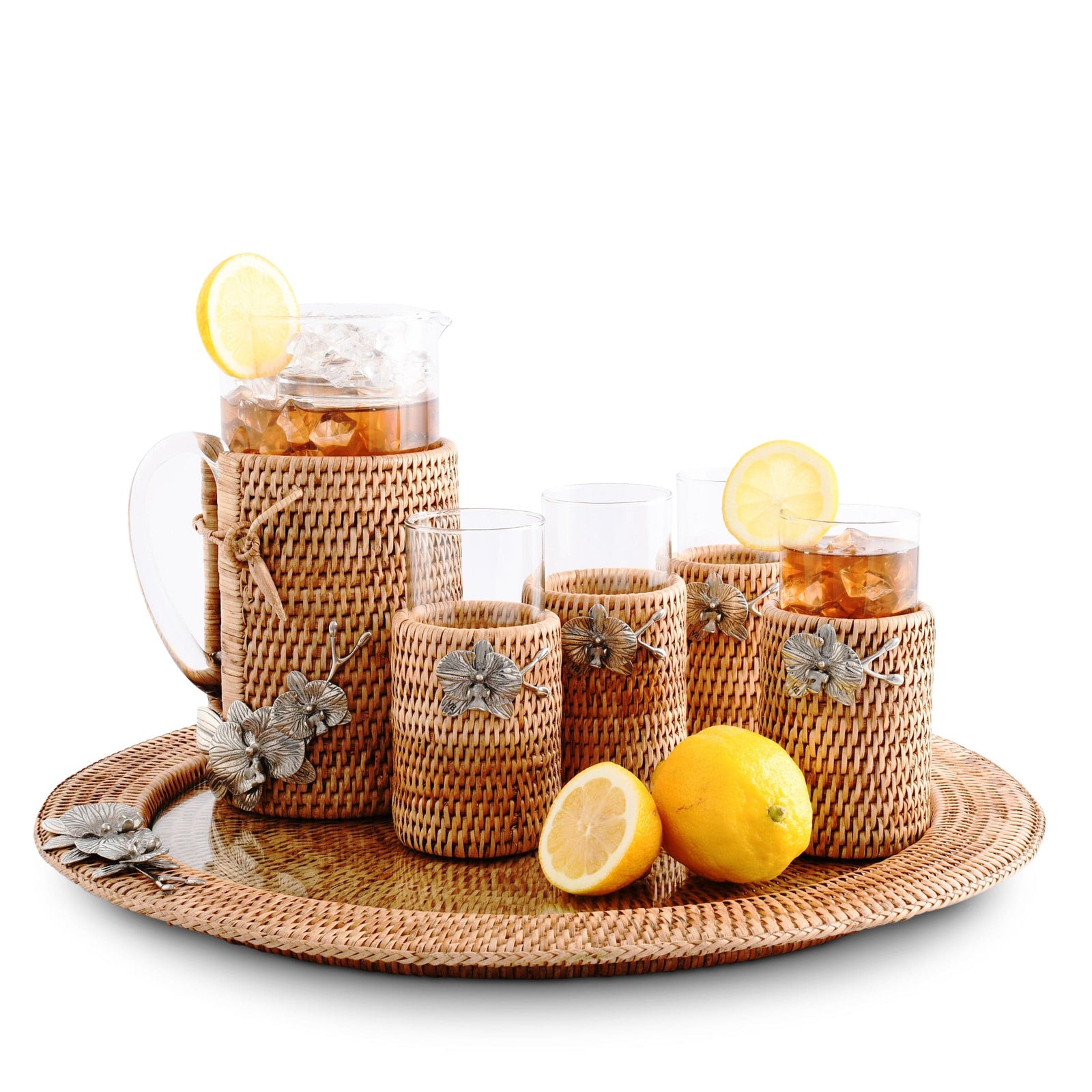 Vagabond House Tropical Tales Orchid Round Serving Tray Hand Woven Wicker Rattan - Glass Insert