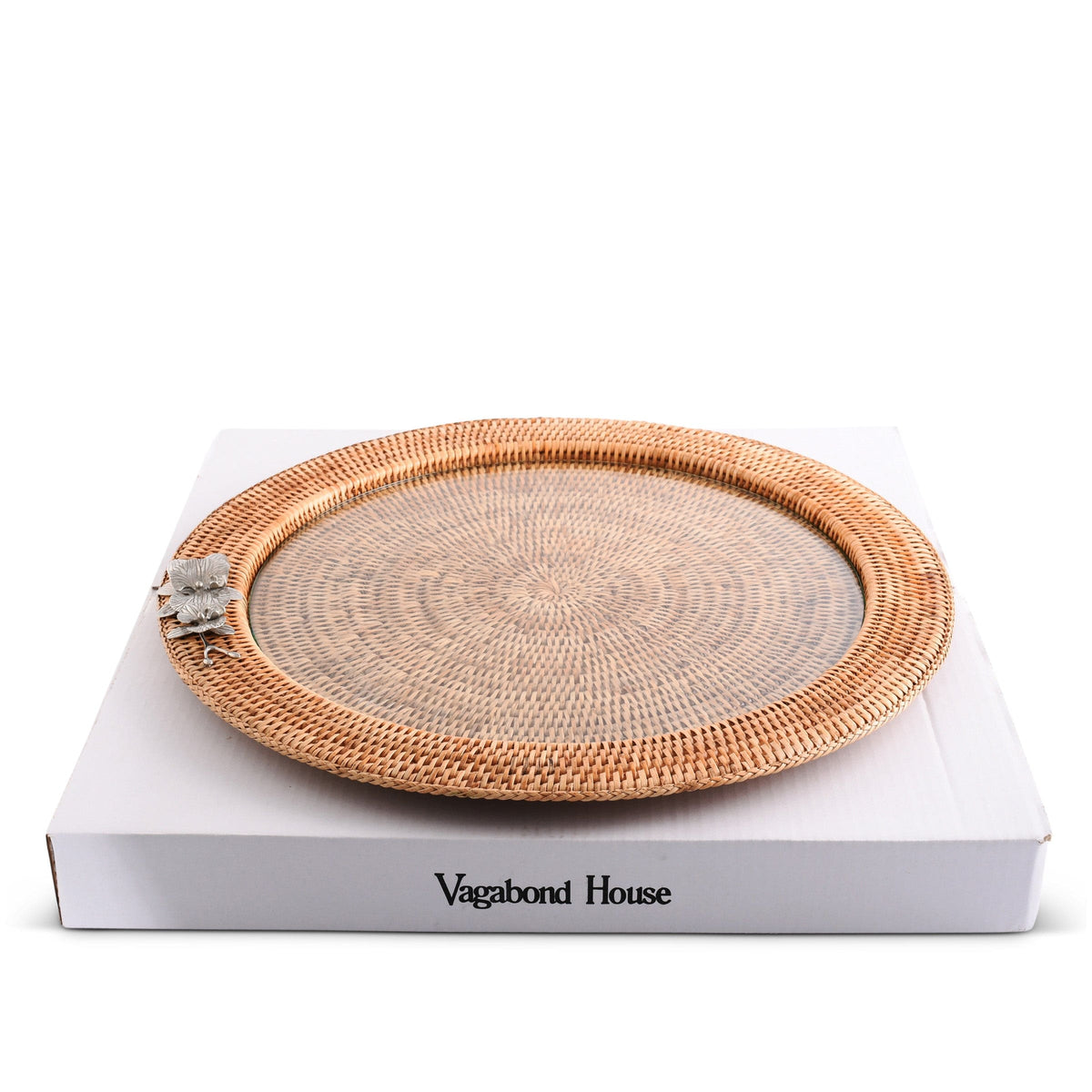 Vagabond House Tropical Tales Orchid Round Serving Tray Hand Woven Wicker Rattan - Glass Insert