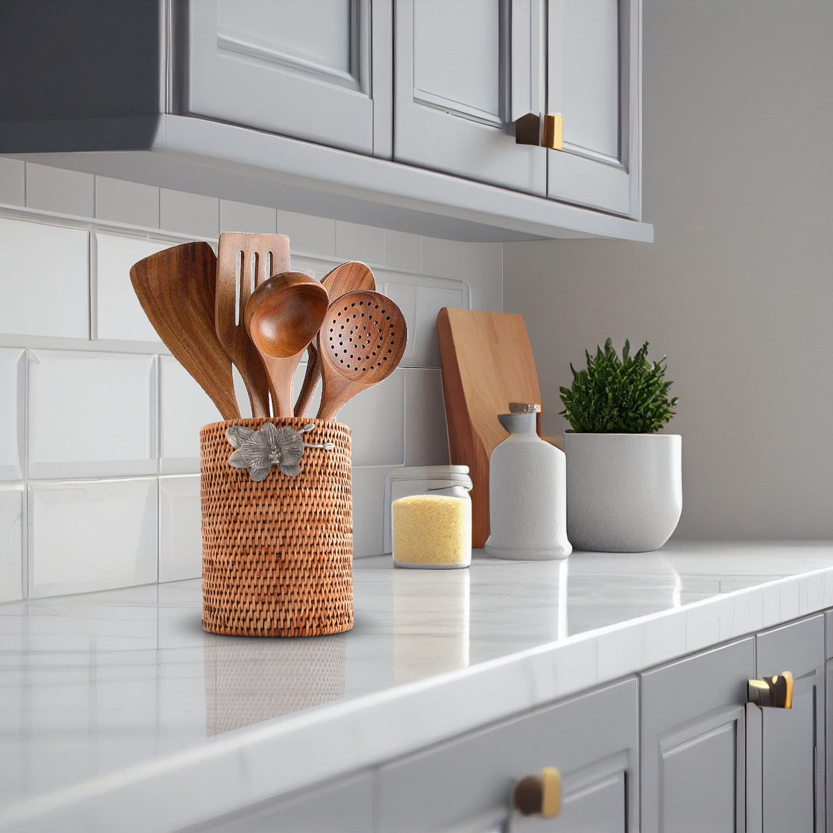 Vagabond House Tropical Tales Orchids Hand Woven Wicker Rattan Utensils Holder