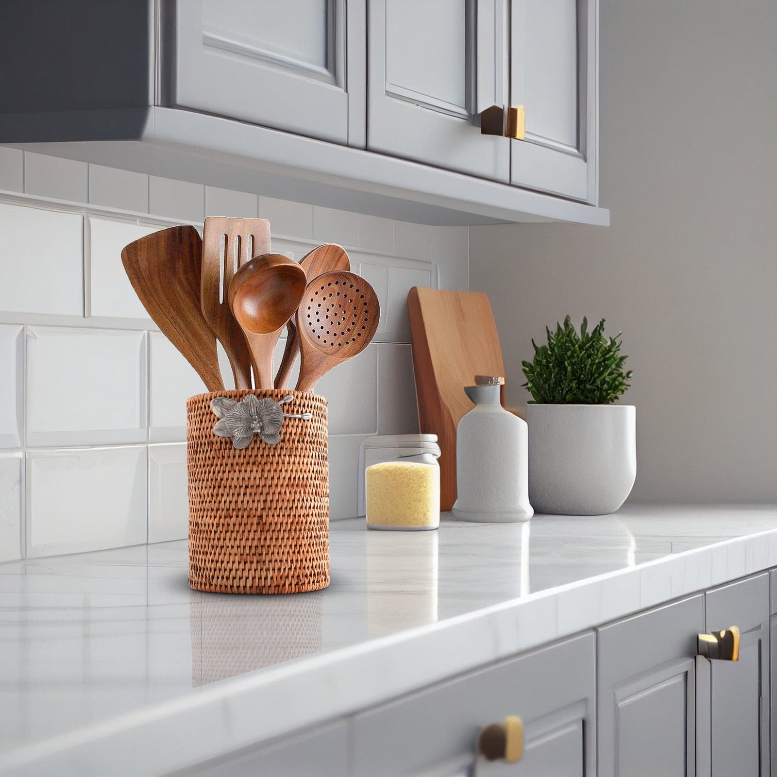 Vagabond House Tropical Tales Orchids Hand Woven Wicker Rattan Utensils Holder