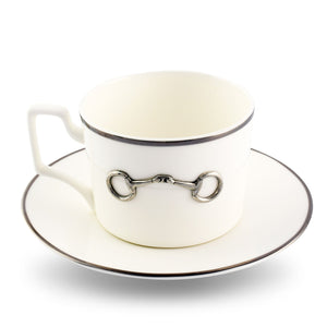 Vagabond House Equestrian Pewter Bit Bone China Cup and Saucer Platinum Rim