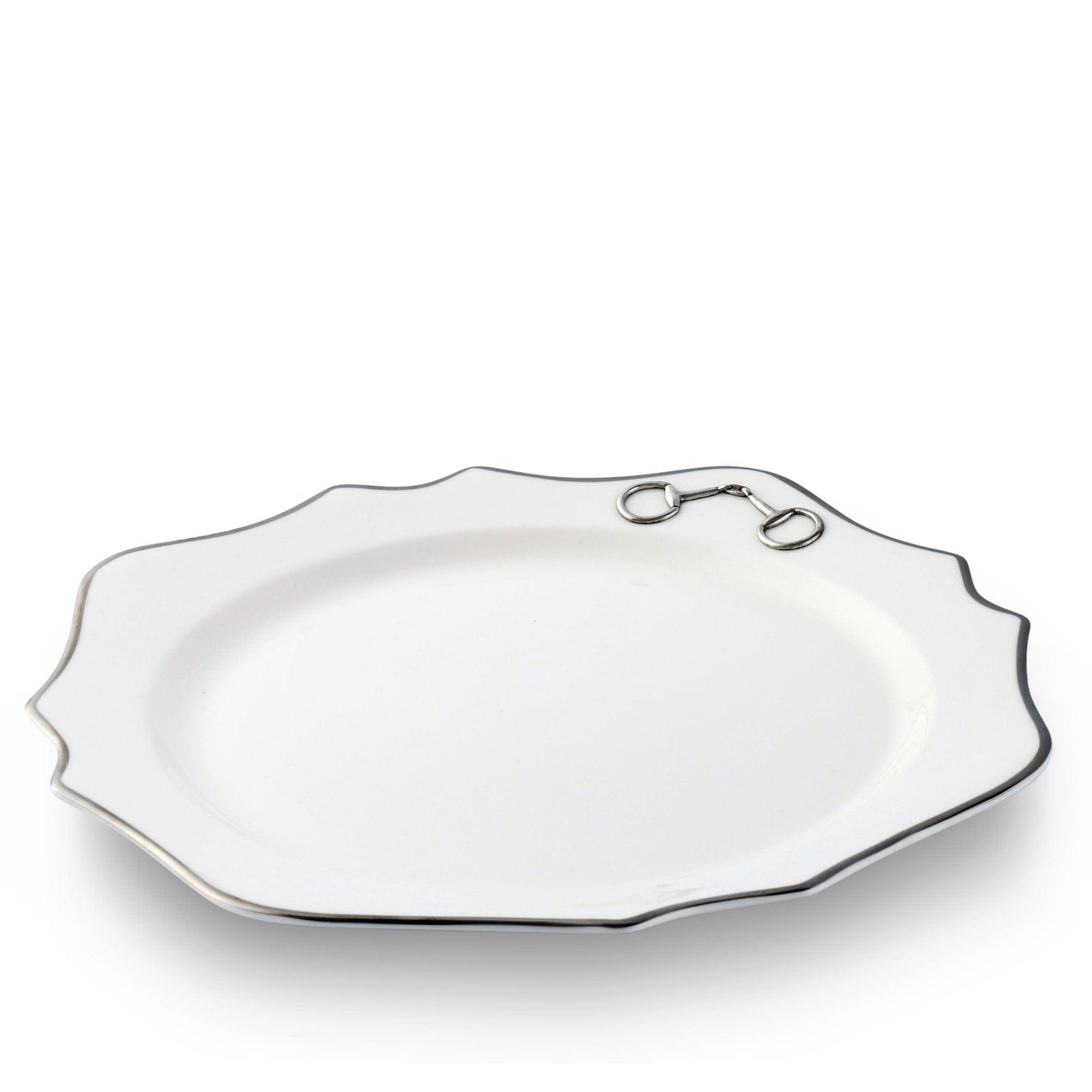 Vagabond House Equestrian Pewter Bit Bone China Scallop Charger Plate Platinum Rim