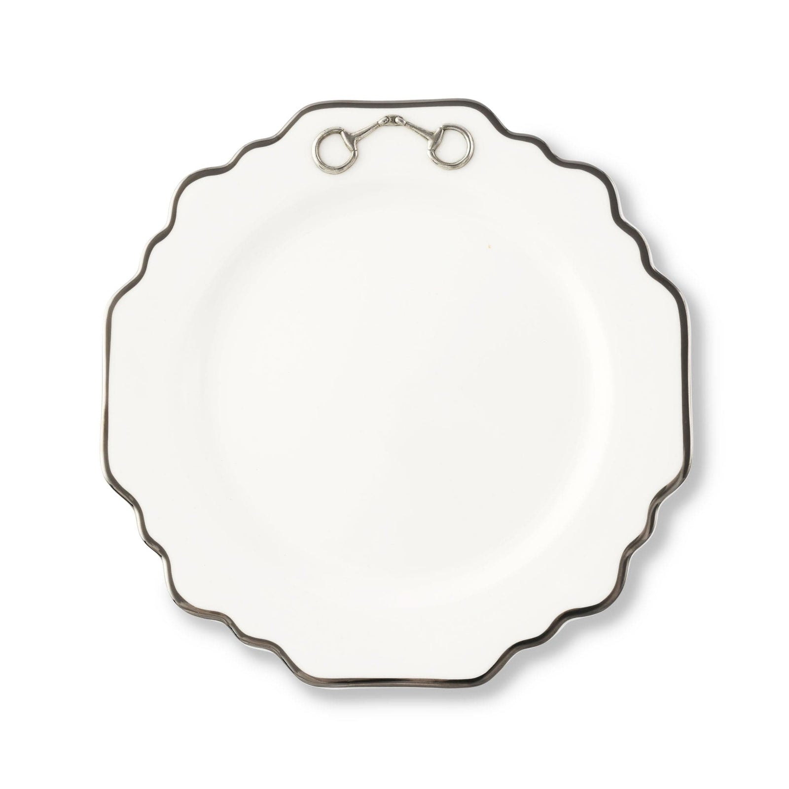 Vagabond House Equestrian Pewter Bit Bone China Scallop Salad / Dessert Plate Platinum Rim