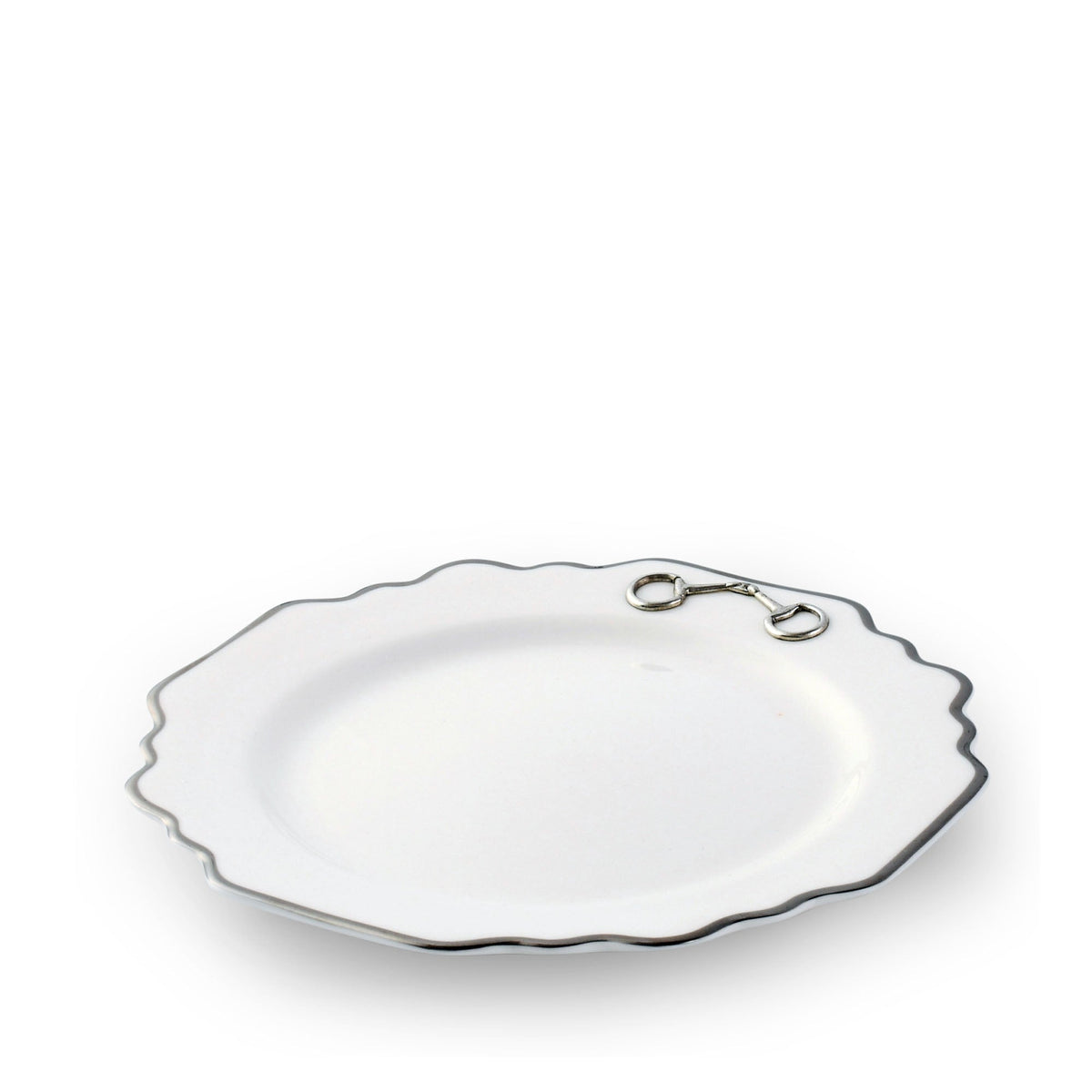 Vagabond House Equestrian Pewter Bit Bone China Scallop Salad / Dessert Plate Platinum Rim