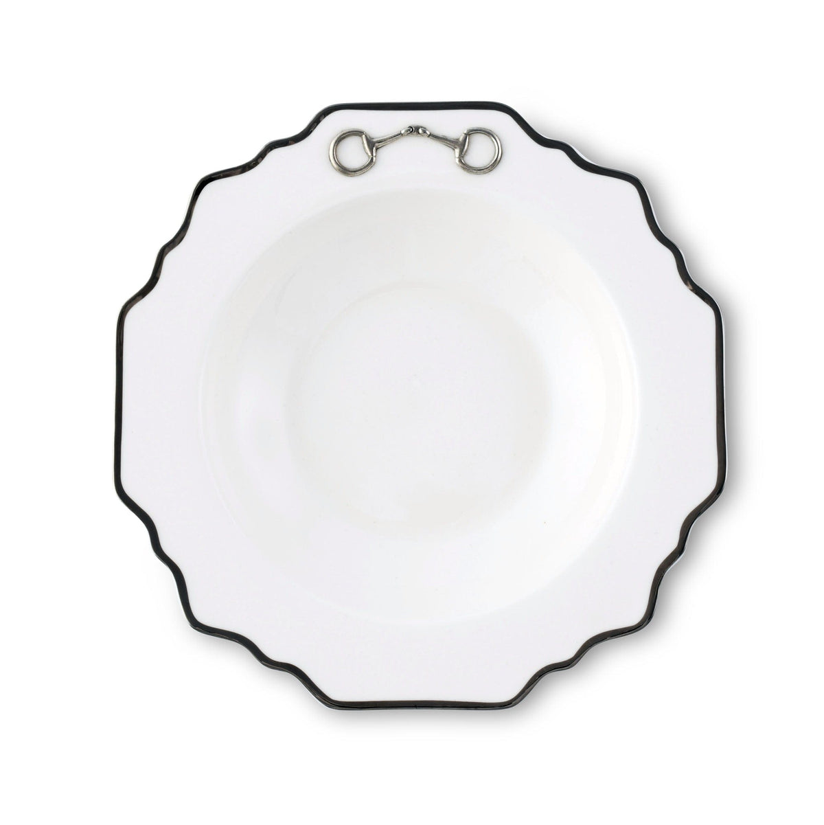 Vagabond House Equestrian Pewter Bit Bone China Scallop Soup Plate Platinum Rim