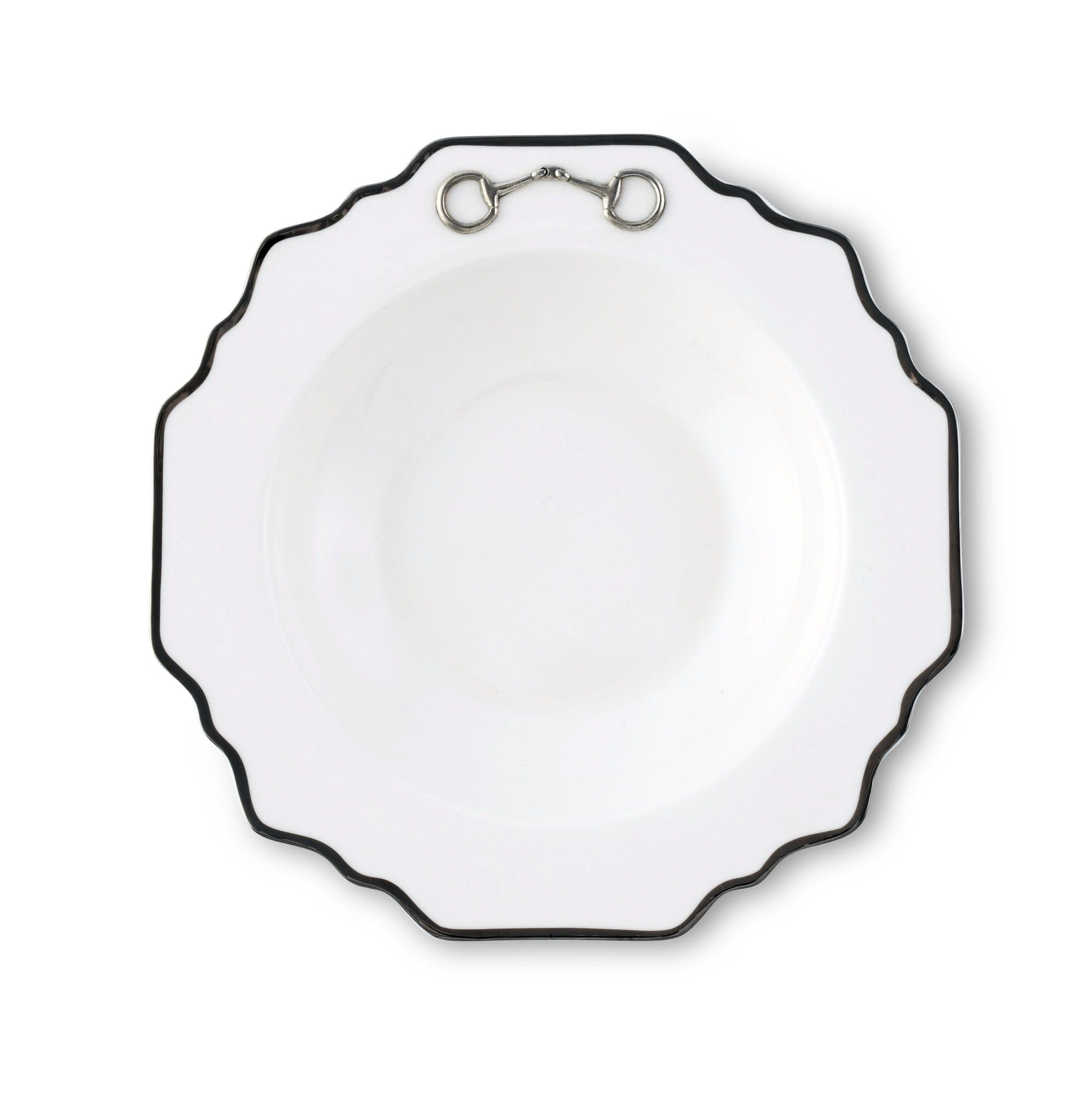 Vagabond House Equestrian Pewter Bit Bone China Scallop Soup Plate Platinum Rim
