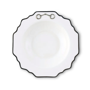 Vagabond House Equestrian Pewter Bit Bone China Scallop Soup Plate Platinum Rim