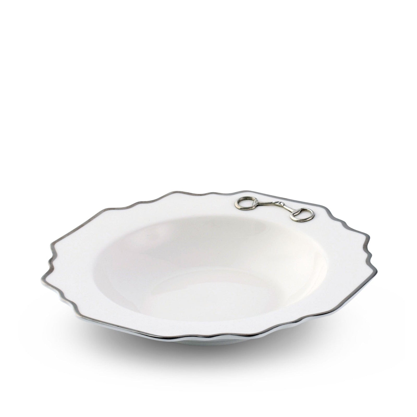 Vagabond House Equestrian Pewter Bit Bone China Scallop Soup Plate Platinum Rim