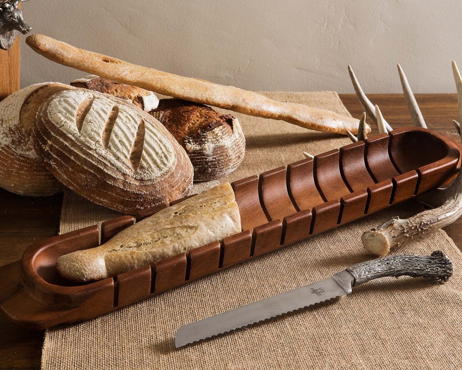 Vagabond House Lodge Style Baguette Board with Antler Bread Knife