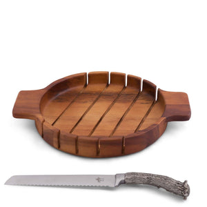 Vagabond House Lodge Style Round Bread Board with Antler Knife