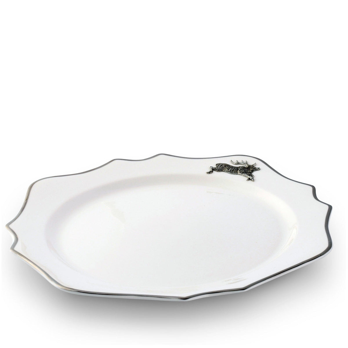 Vagabond House Lodge Style Running Elk Bone China Scallop Charger Platinum Rim