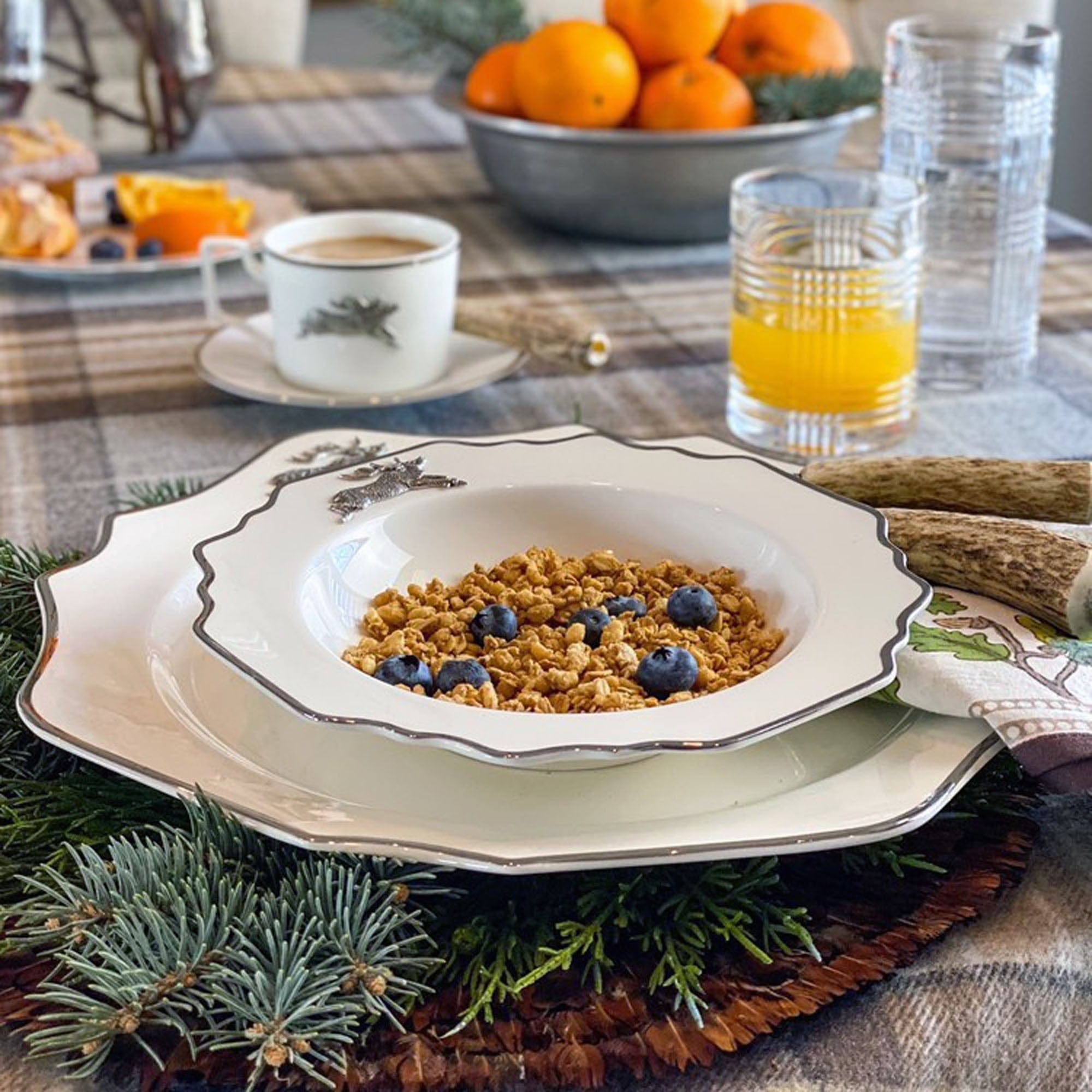 Vagabond House Lodge Style Running Elk Bone China Scallop Soup Plate Platinum Rim