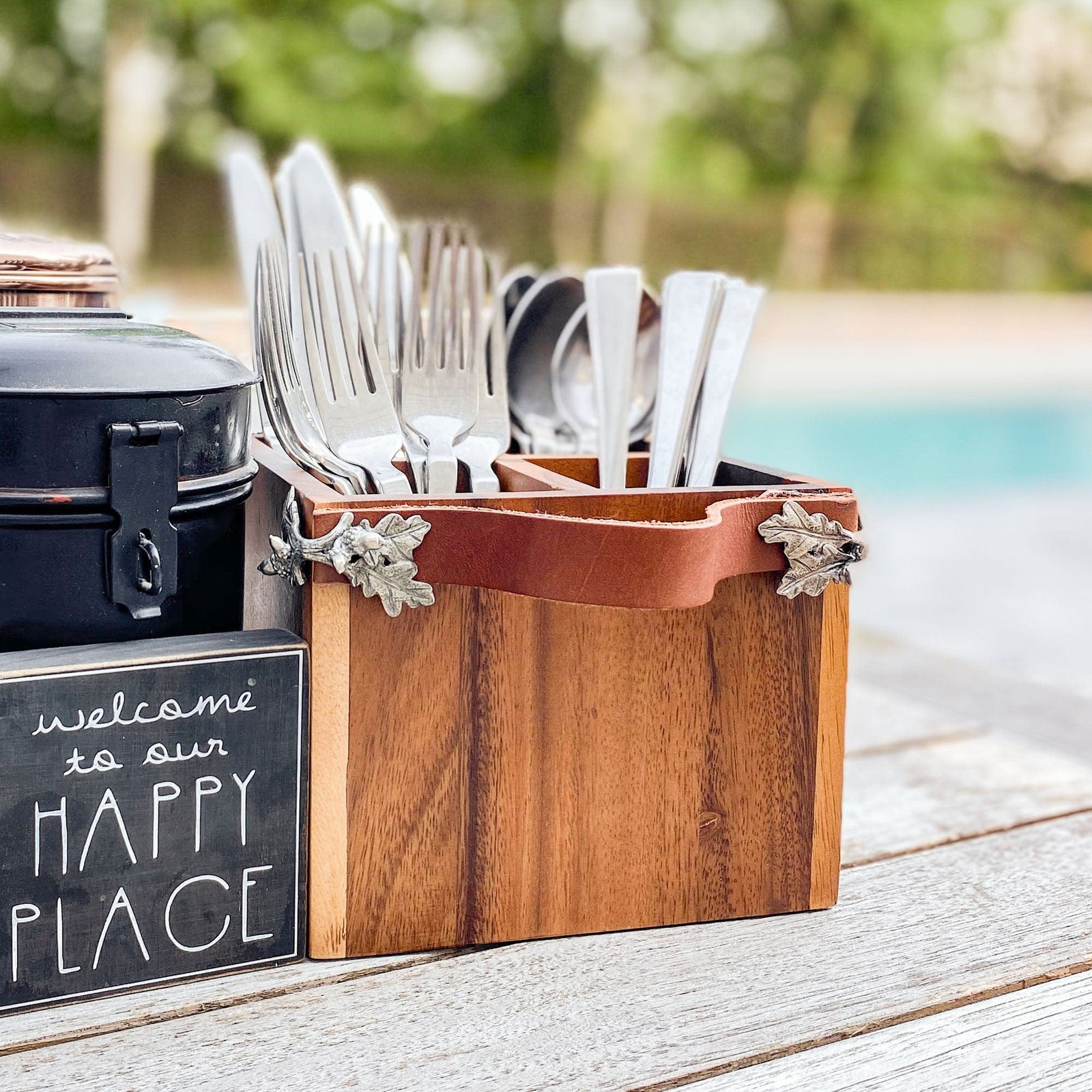 Vagabond House Majestic Forest Acorn Oak Leaf Flatware Caddy - Square Box Wood