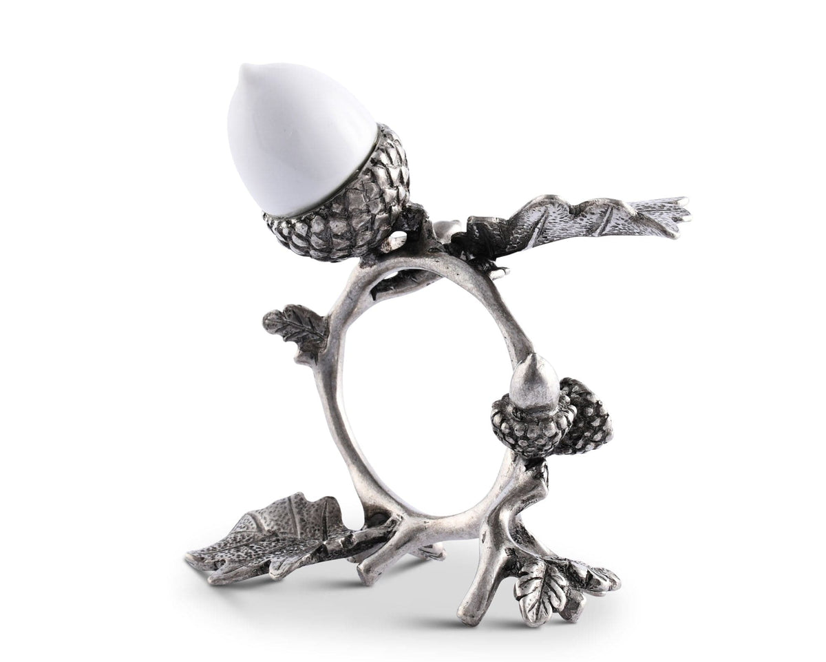 Vagabond House Majestic Forest Porcelain Acorn &amp; Oak Leaf Napkin Ring with Pewter