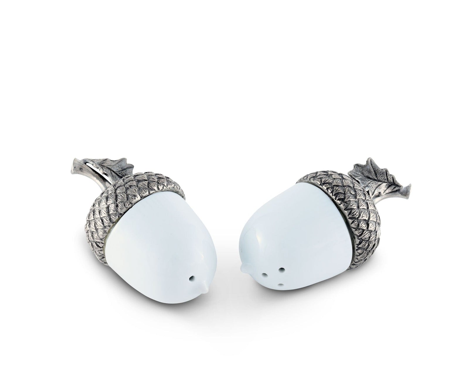 Vagabond House Majestic Forest Porcelain Acorn Salt and Pepper with Pewter Leaf