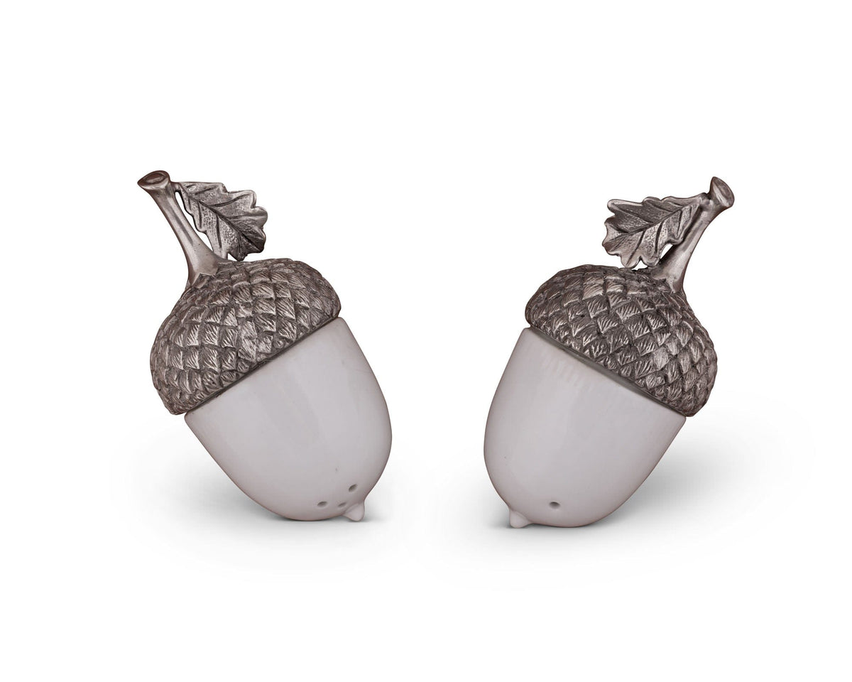 Vagabond House Majestic Forest Porcelain Acorn Salt and Pepper with Pewter Leaf