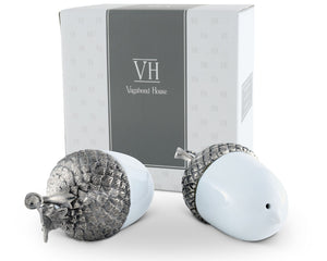 Vagabond House Majestic Forest Porcelain Acorn Salt and Pepper with Pewter Leaf