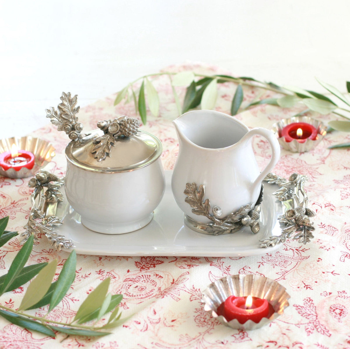 Vagabond House Majestic Forest Stoneware Creamer Set - Pewter Acorn &amp; Oak Leaf