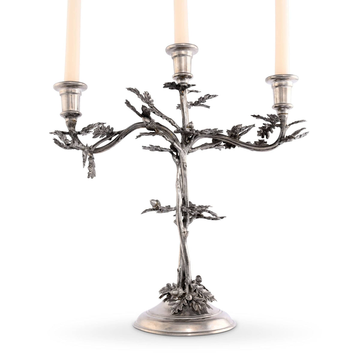 Vagabond House Majestic Forest Three Taper Pewter Oak Leaf Candelabrum