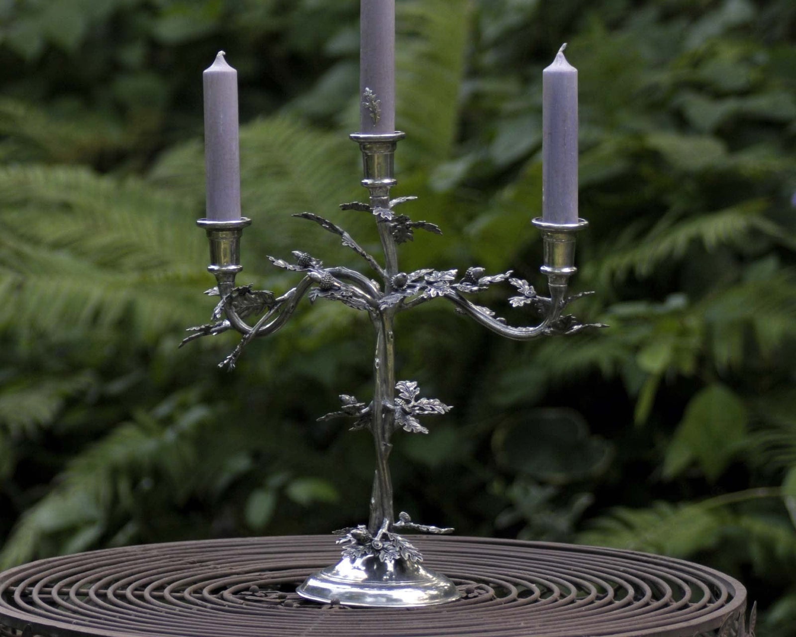 Vagabond House Majestic Forest Three Taper Pewter Oak Leaf Candelabrum