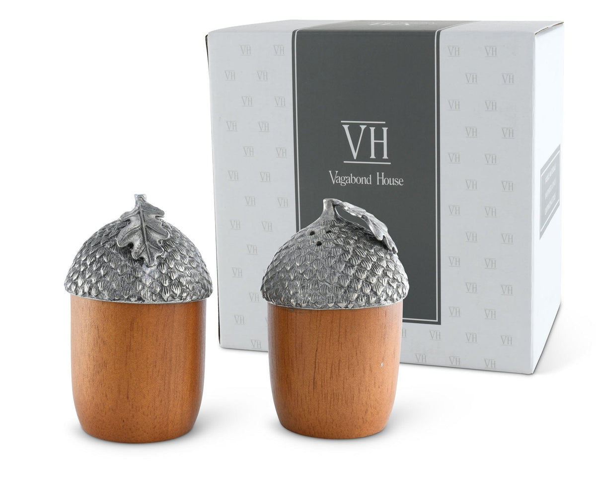 Vagabond House Majestic Forest Wood and Pewter Acorns Salt &amp; Pepper Set