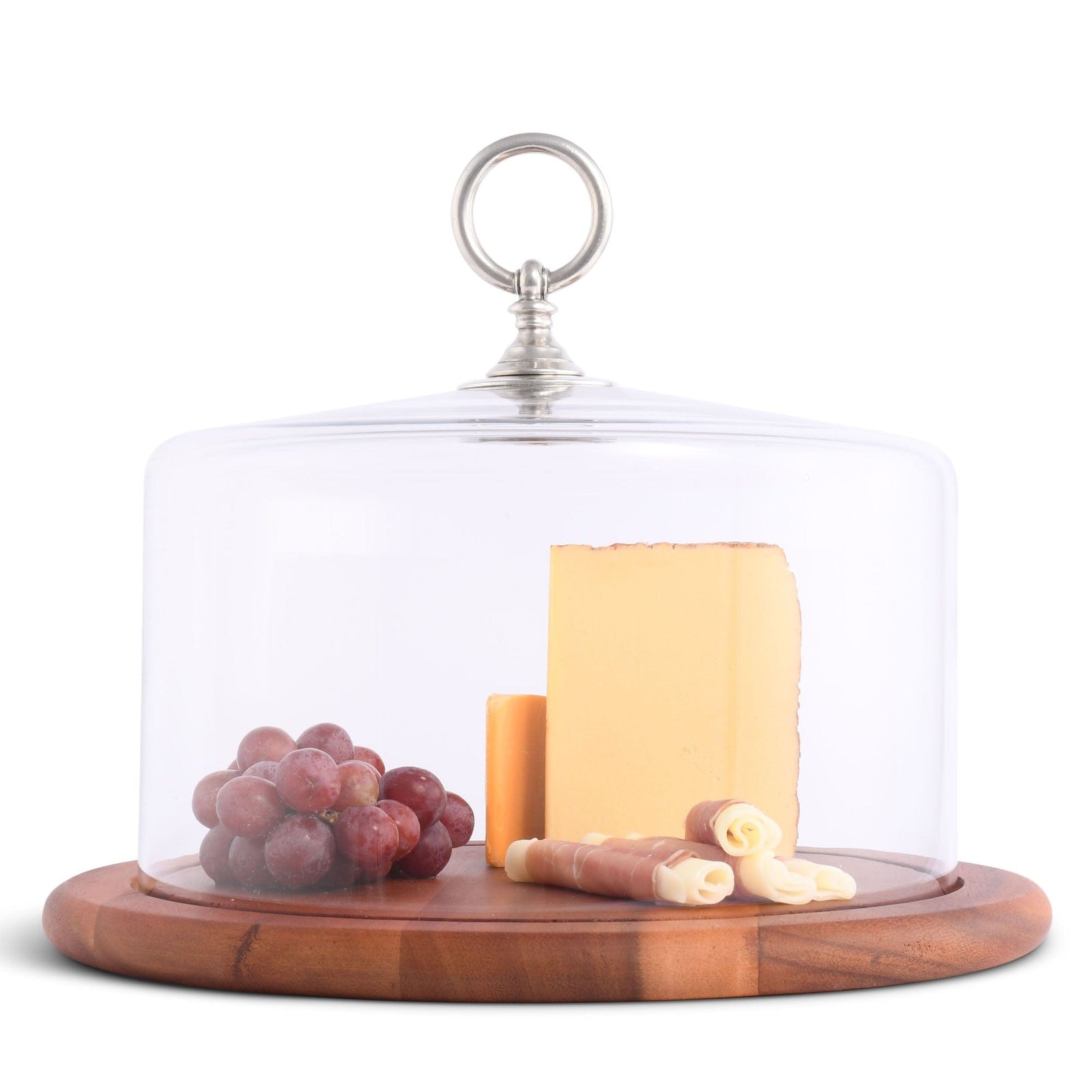 Vagabond House Medici Living Classic Pewter Ring Glass Covered Cheese Wood Board